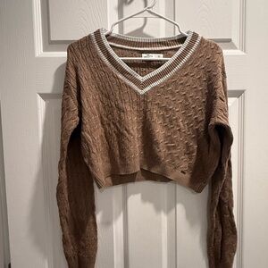 Hollister Brown V-Neck Sweater with White Trim